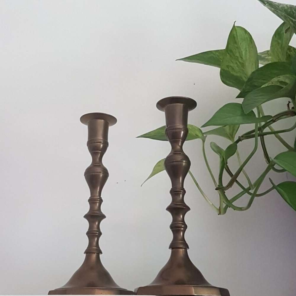 Vintage Brass Candlestick Holders: Handmade Indian Taper Candle Pair